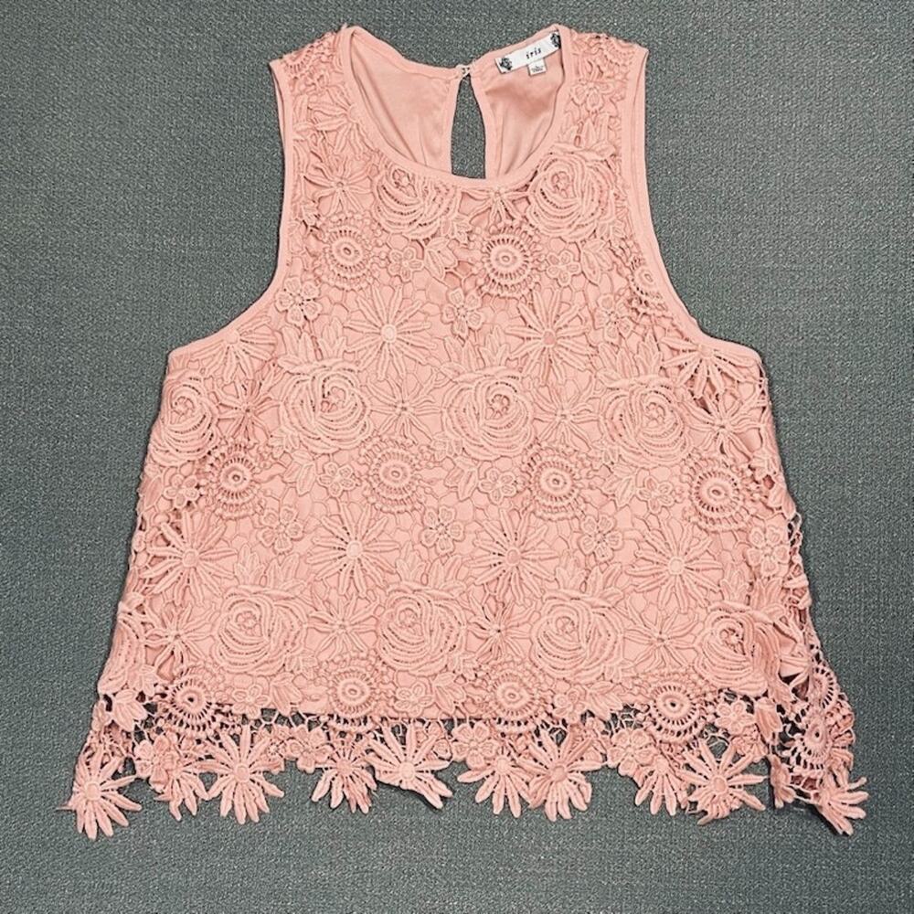 IRIS Mauve Crochet Lace Floral Overlay Top Scalloped Edges Boho Fairy Coquette L